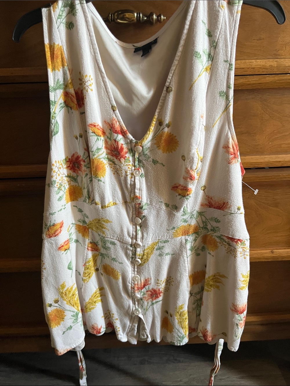torrid White Floral Tie-Hem V-Neck Tank with Yellow & Orange Blooms